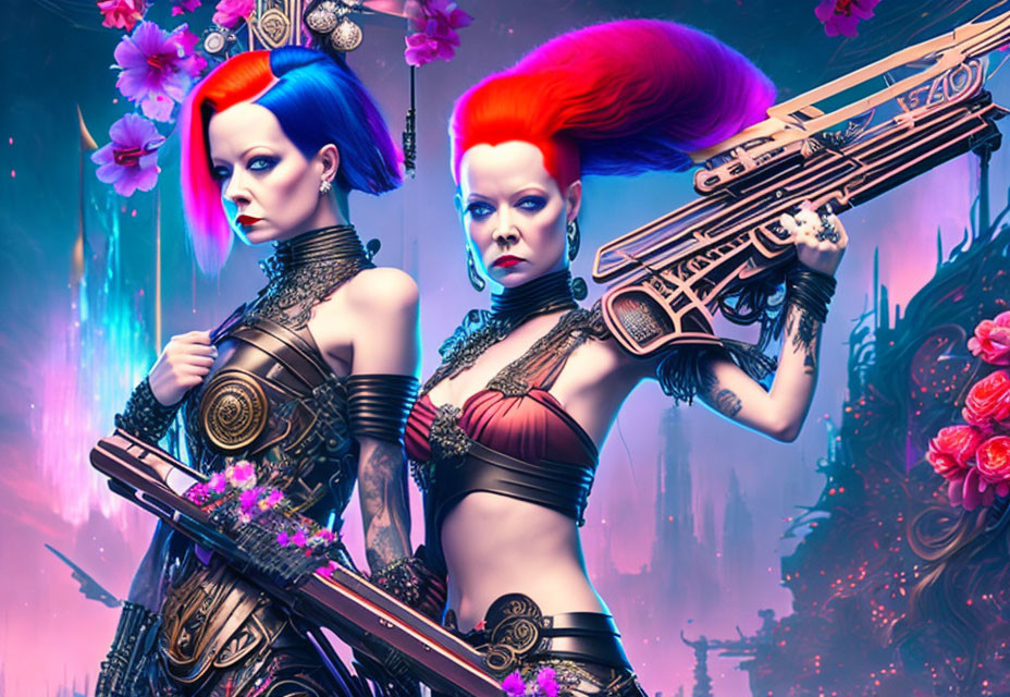 Futuristic women in vibrant mohawk hairstyles and black armor with sci-fi weapons