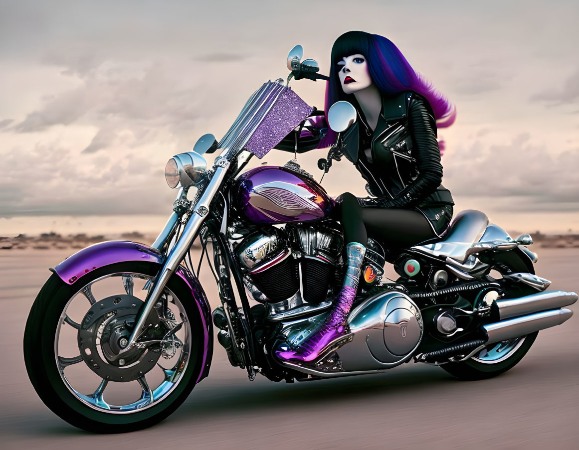 Purple-haired woman in black attire on chromed motorcycle with purple accents in motion.