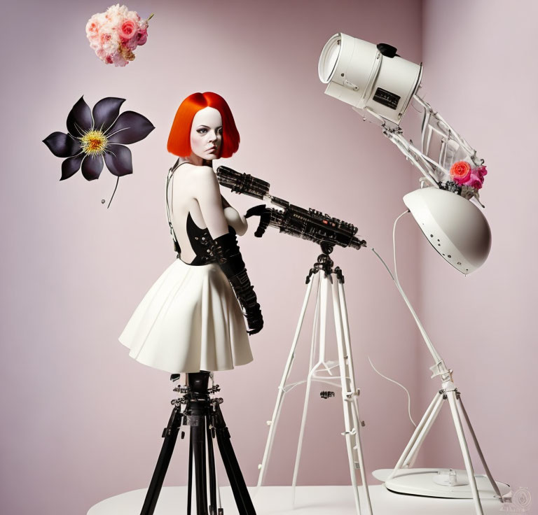 Surreal image of mannequin with red bob haircut and rifle on pink floral backdrop