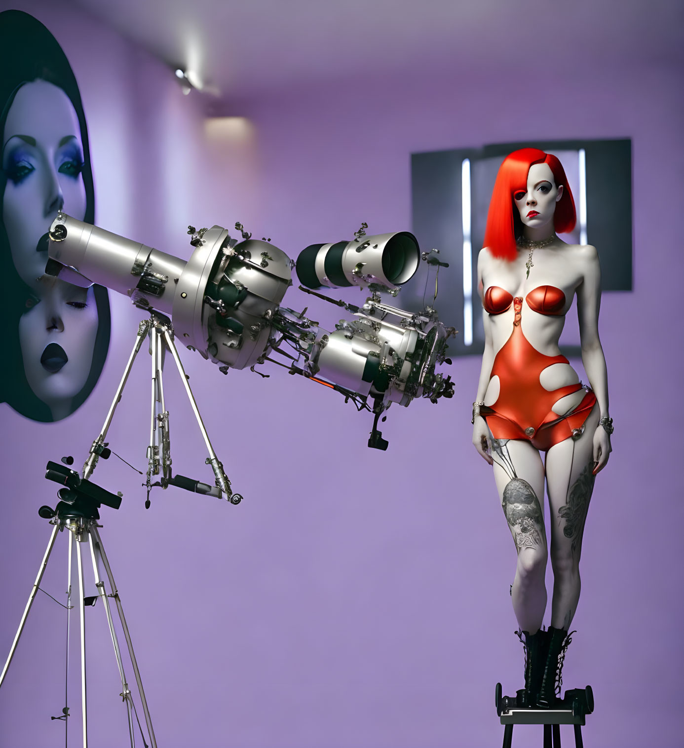 Large Telescope Observing Red-Haired Mannequin in Two-Piece Outfit