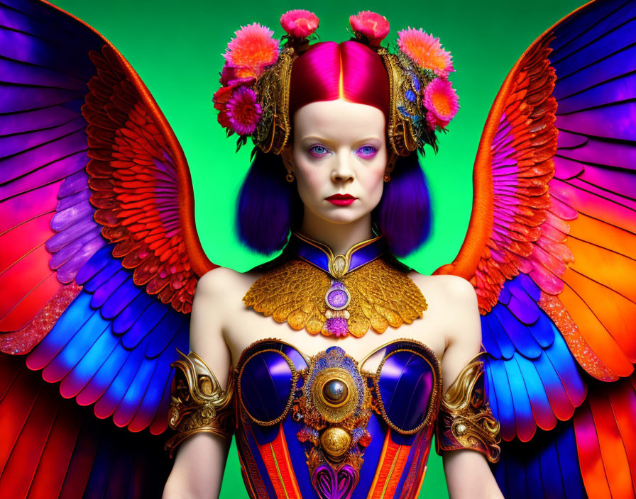 Colorful surreal portrait of a woman with rainbow wings and pink hair.