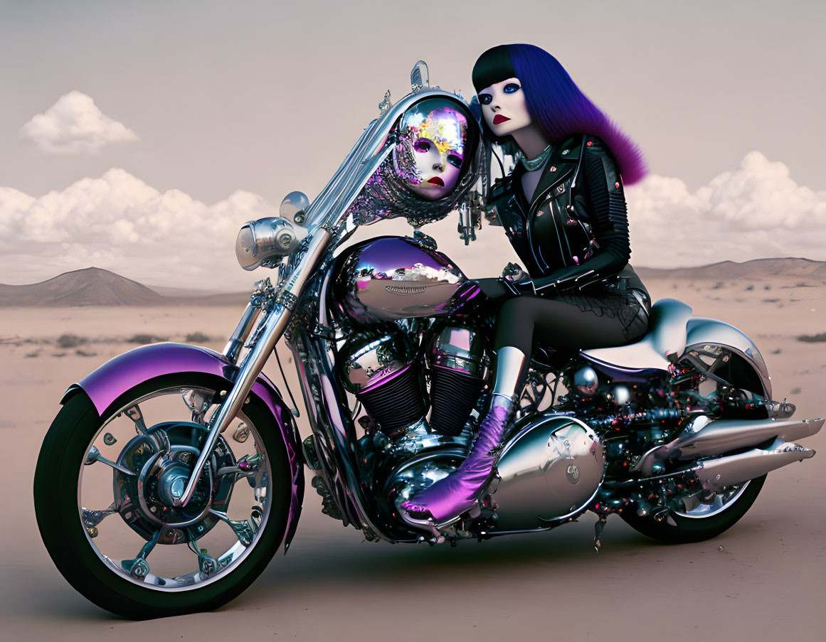 Blue-haired woman on futuristic motorcycle in desert landscape