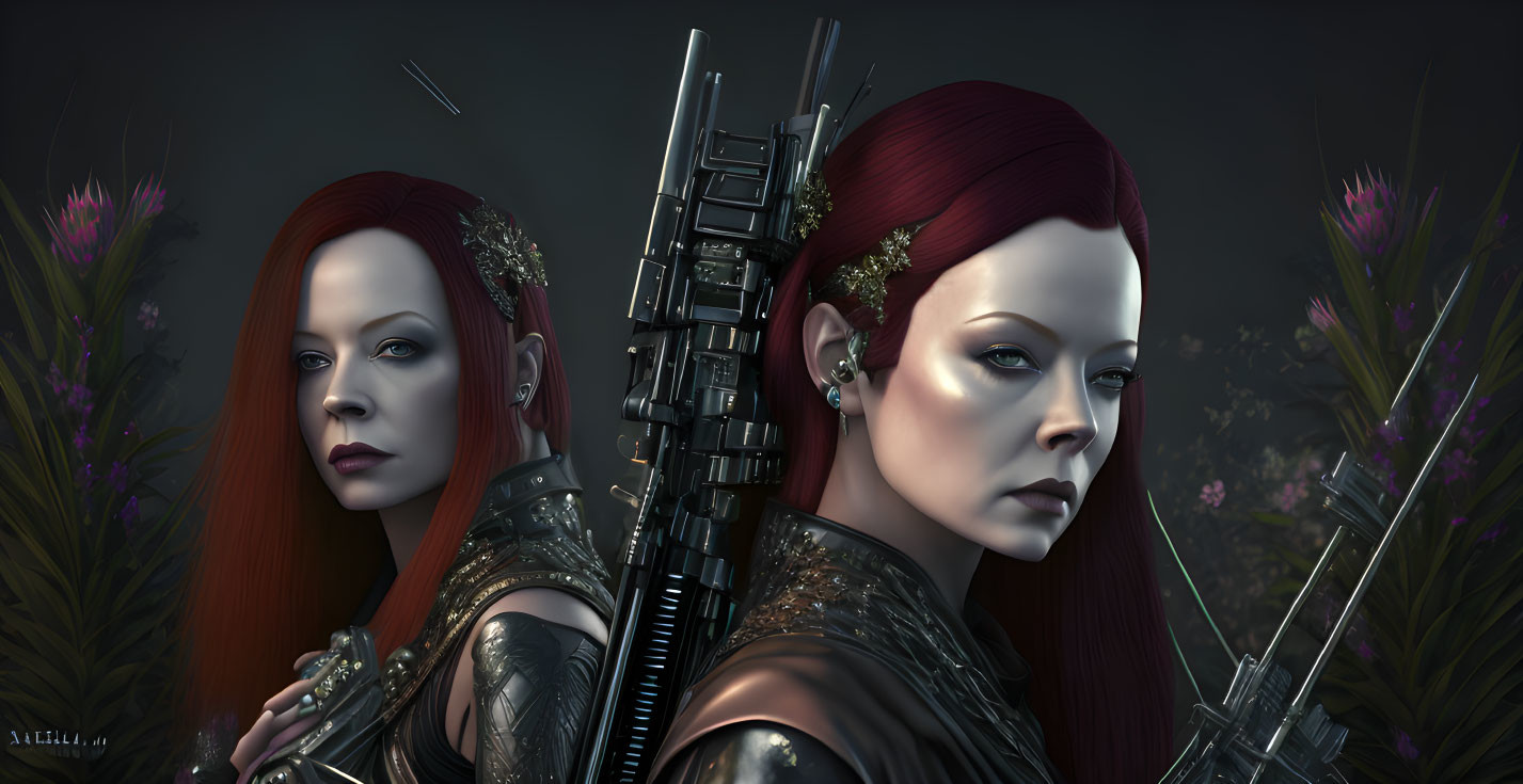 Digital artwork of futuristic female warriors in elaborate armor with weapons against dark, vegetative backdrop