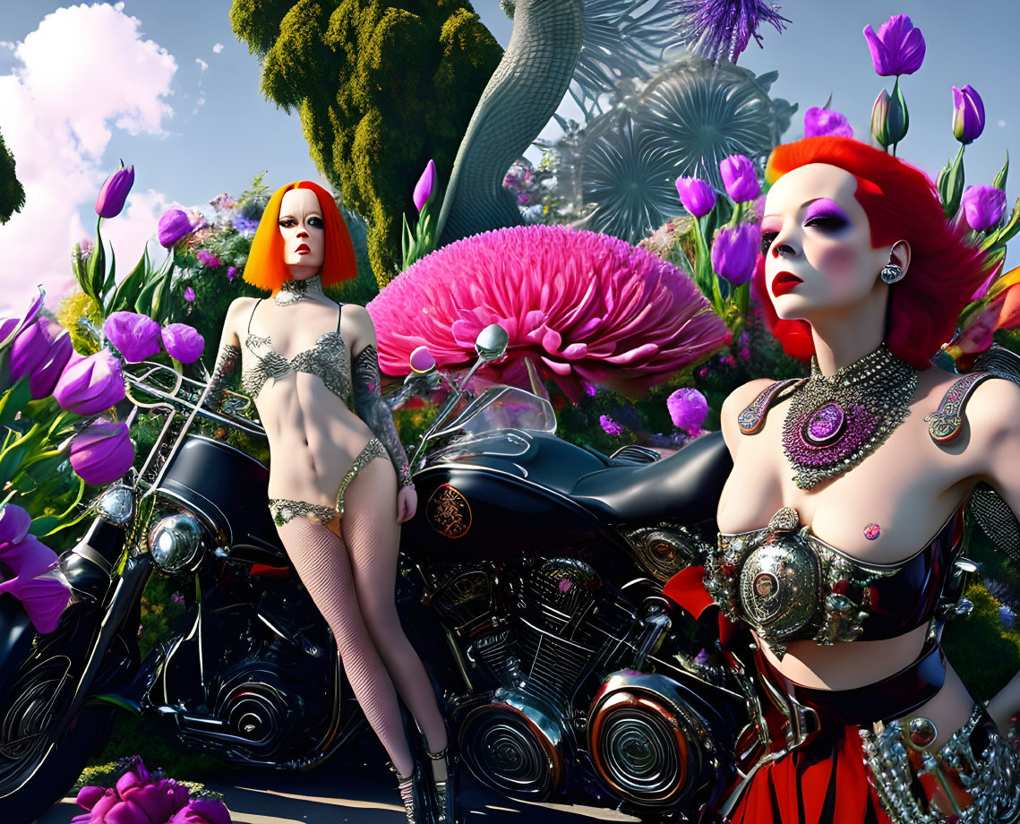 Stylized female figures with vibrant hair and makeup posing by a motorcycle and oversized flowers.
