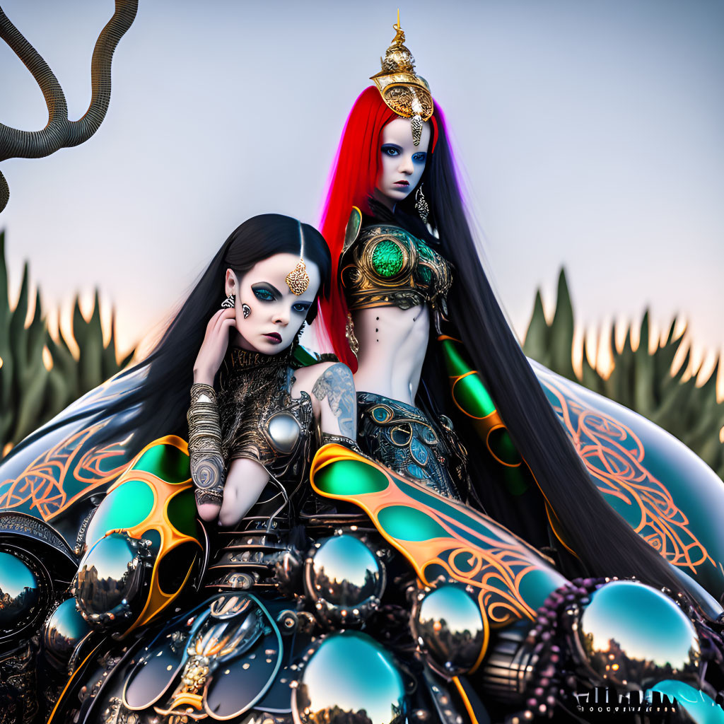 Stylized female figures in futuristic attire against alien desert backdrop