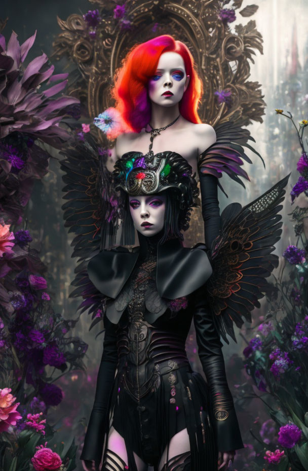 Two women in gothic fantasy attire among vibrant flowers, one with wings and ornate headdress,