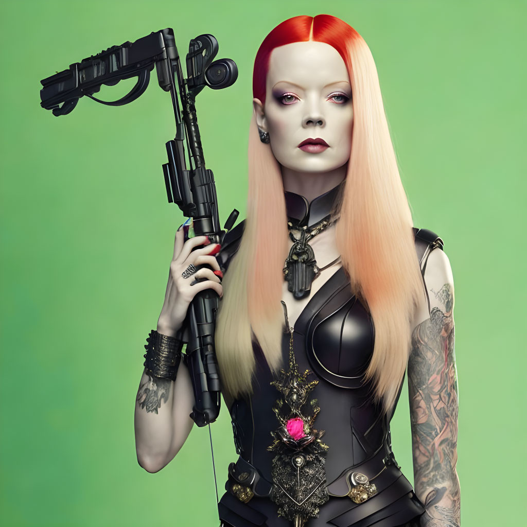 Red and Blonde Haired Woman with Rifle and Futuristic Headgear on Green Background