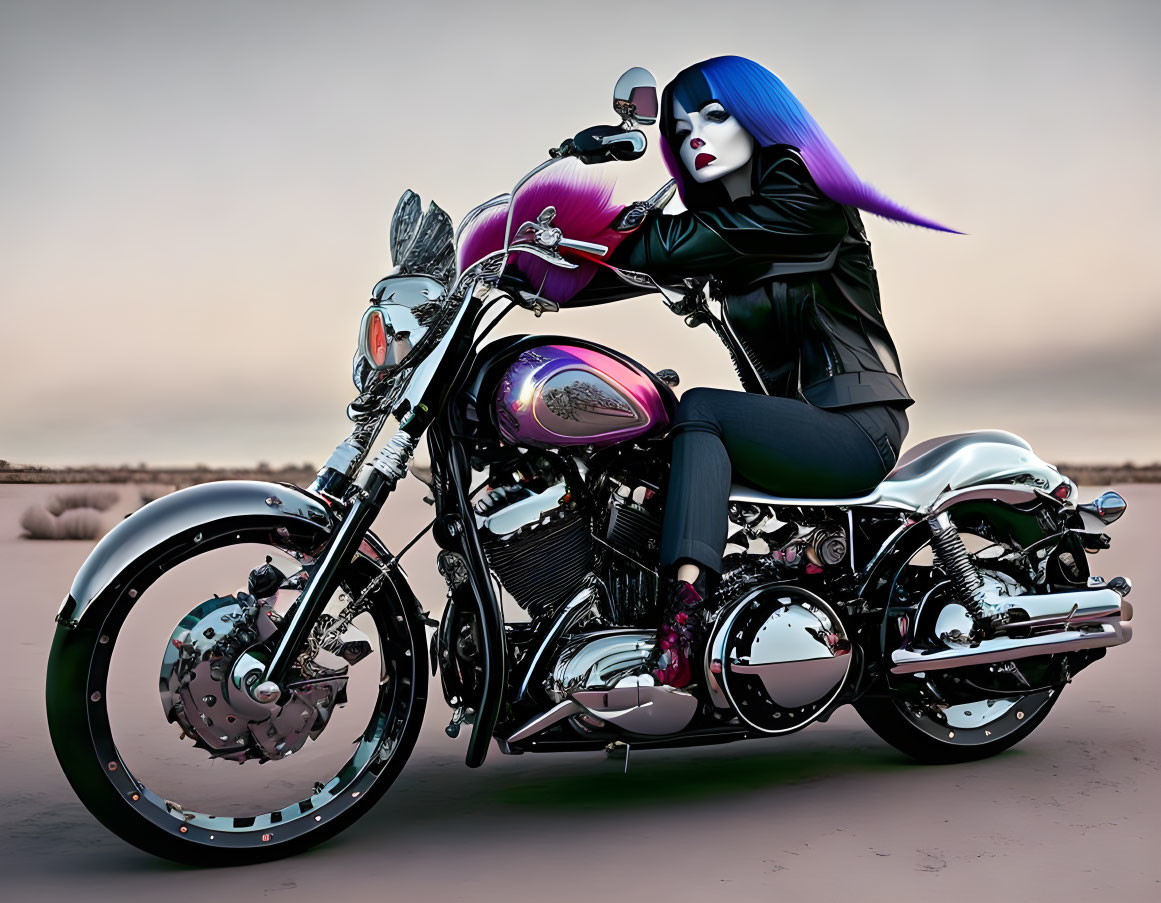 Stylized woman with blue hair on custom motorcycle with purple tank and chrome detailing against dusky sky