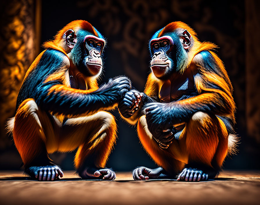 Vividly colored mandrill monkeys sitting face to face on dark background