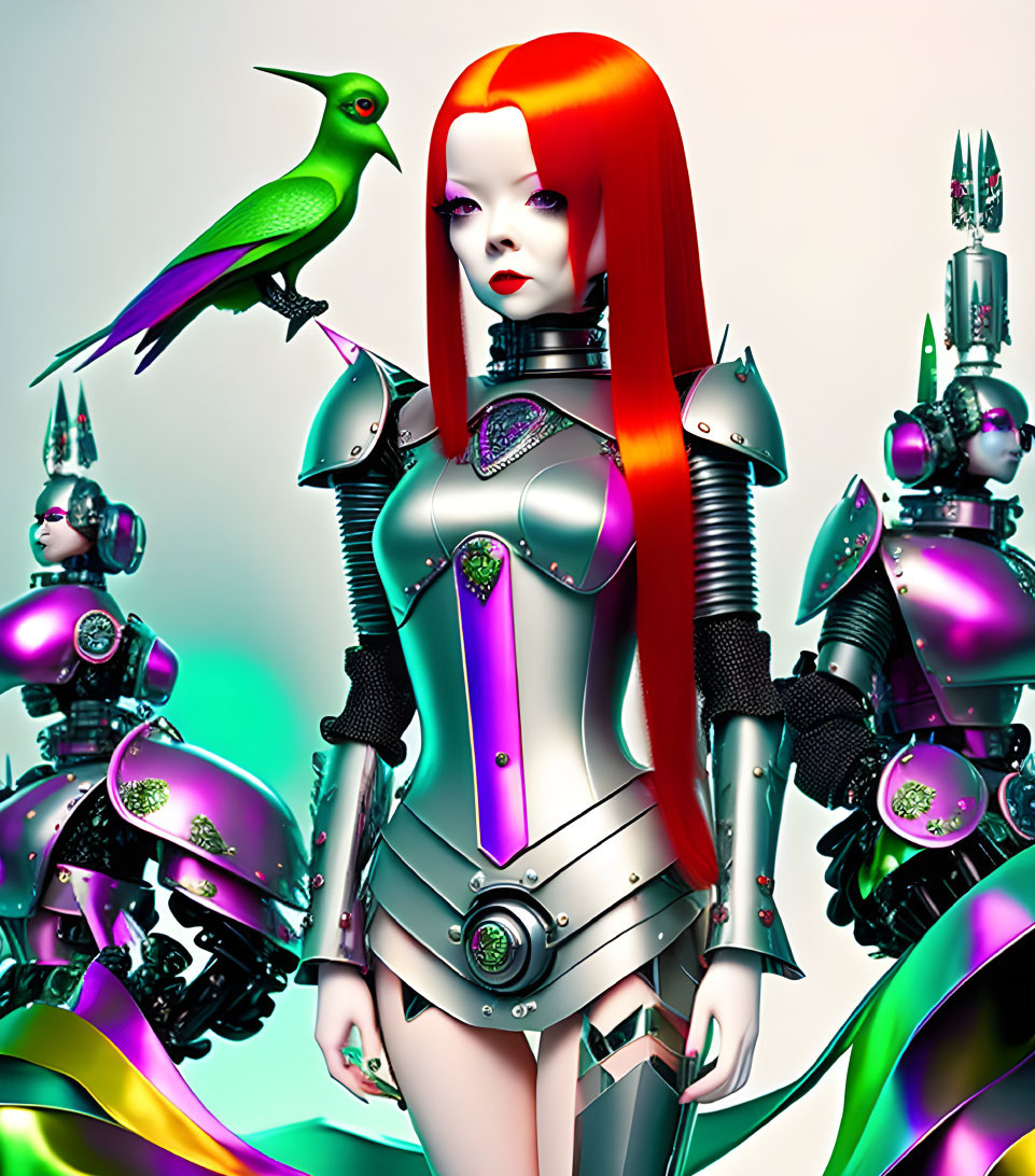 Female android in red hair and metallic armor with green bird on shoulder