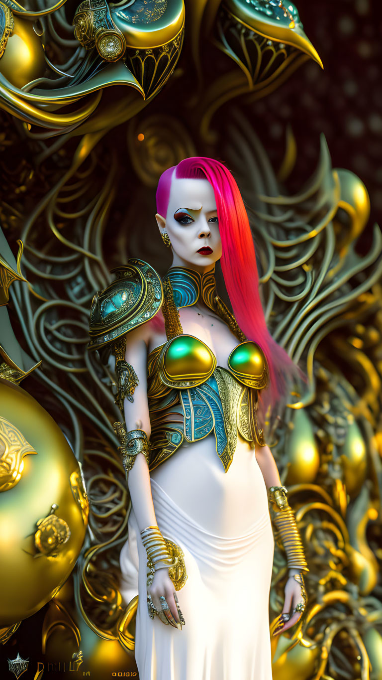 Pink-haired character in elaborate golden armor on decorative background