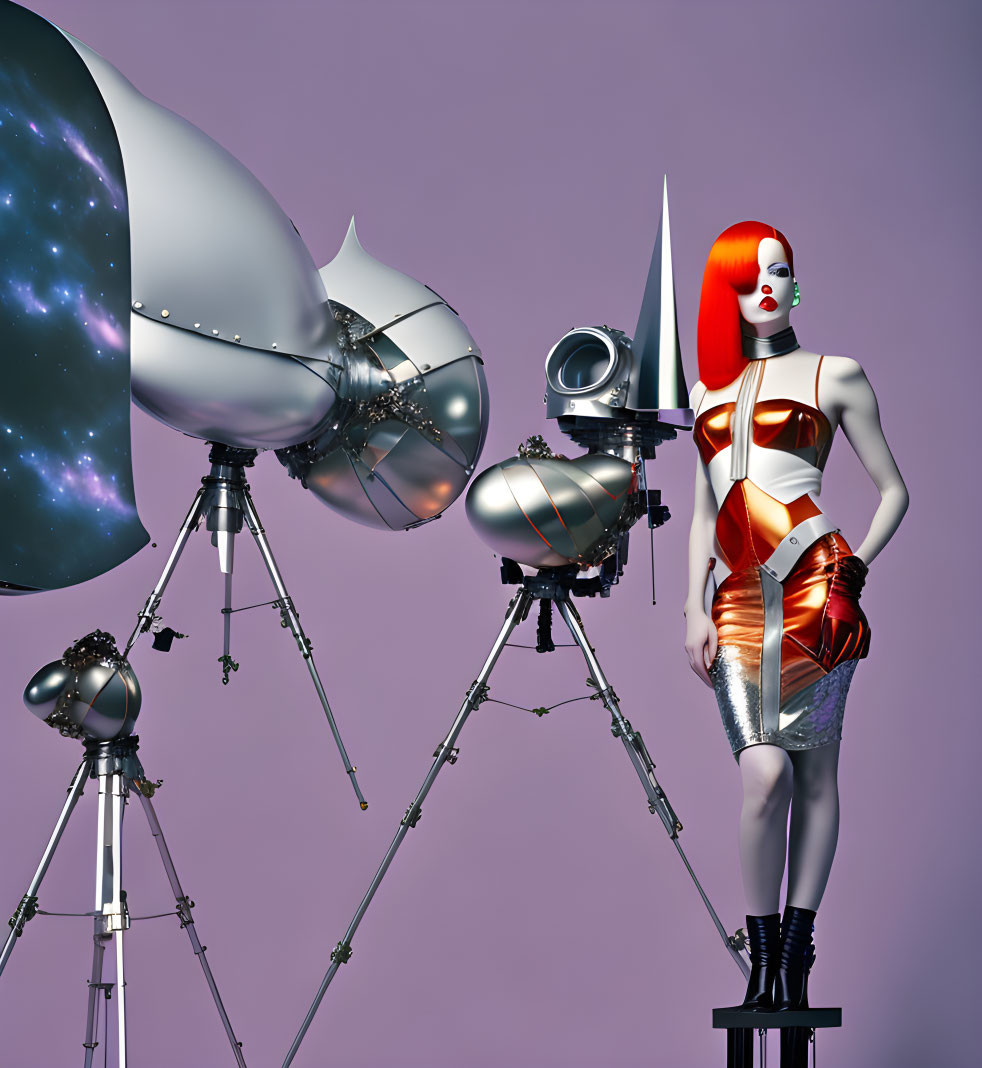 Futuristic female model with red and white makeup next to telescopes in space-themed setting