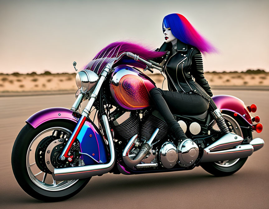 Blue and purple haired person on futuristic motorcycle in desert setting