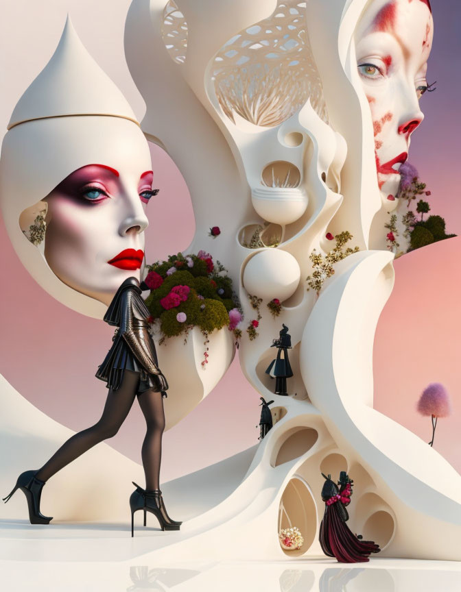 Surreal Artwork: Stylized White Face, Flowing Structures, Black Model, Mini