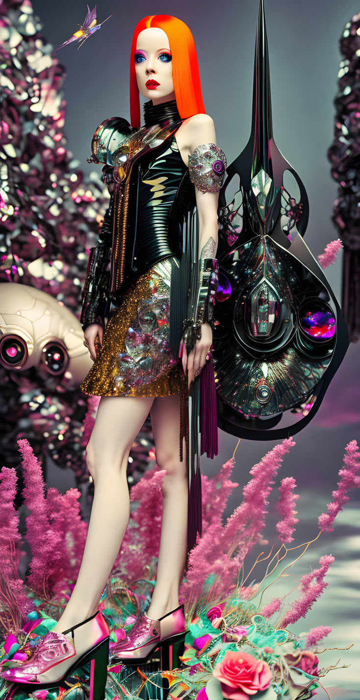 Futuristic female figure with red and blonde hair in metallic dress with alien-like cello in vibrant