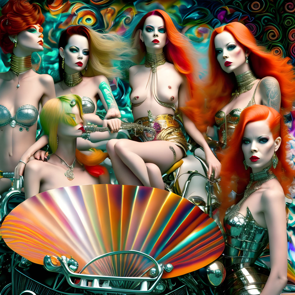 Stylized women with vibrant red hair and bold makeup against colorful backdrop with clamshell and motorcycle elements