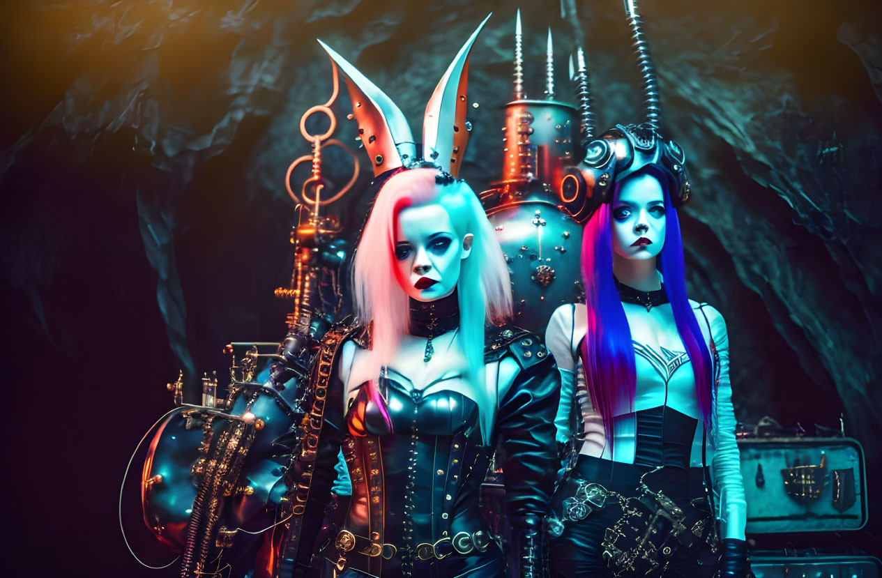 Futuristic gothic cyberpunk women with horns and mechanical parts