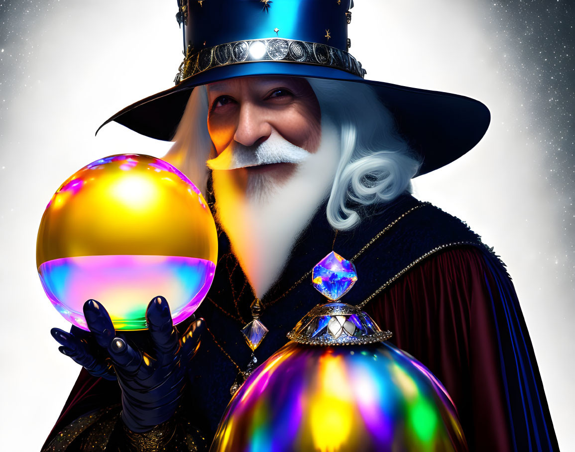 Wizard with white beard and crystal ball in starry setting