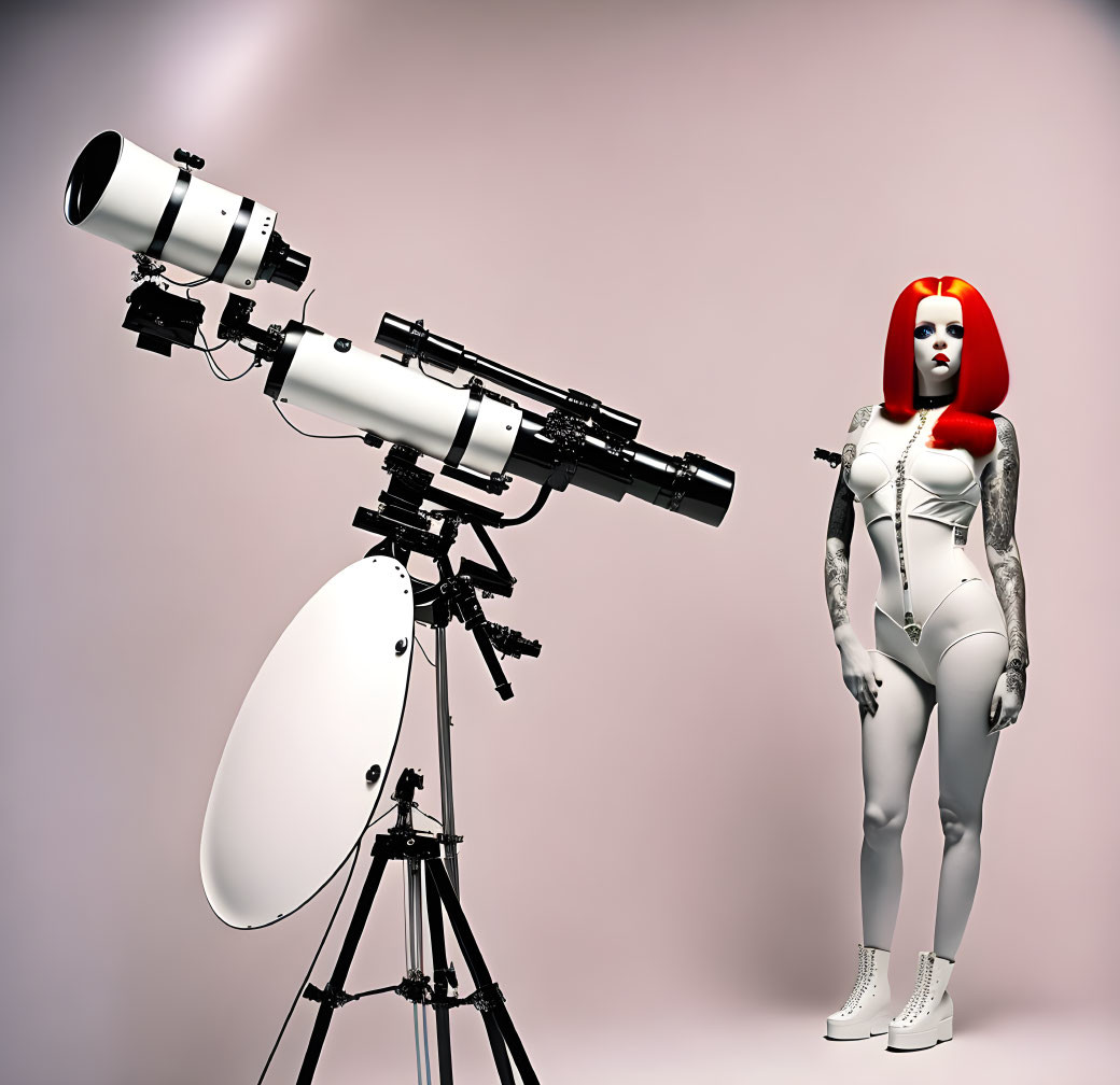 Red-Haired Figure with Telescope on Pink Background