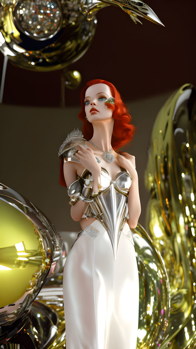 Futuristic woman with red hair in metallic silver accessories among golden and silver orbs