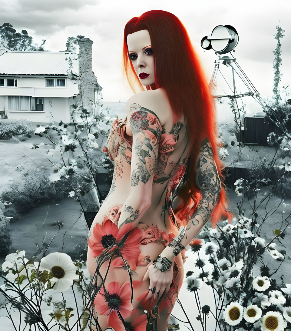 Red-haired woman with tattoos in colorful monochrome landscape.