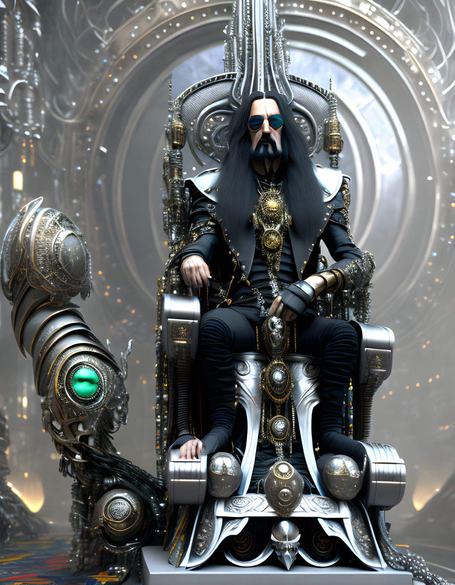 Regal figure in black and gold robes on ornate mechanical throne