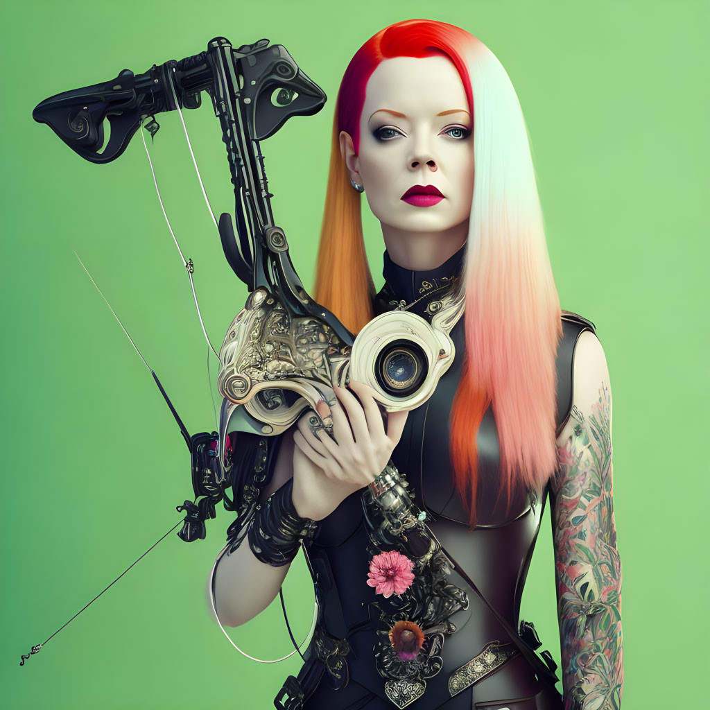Futuristic woman with robotic arm, red hair, tattoos on green background