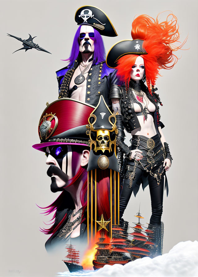 Stylized pirate characters with elaborate costumes and makeup and a ship's bow, against a light backdrop