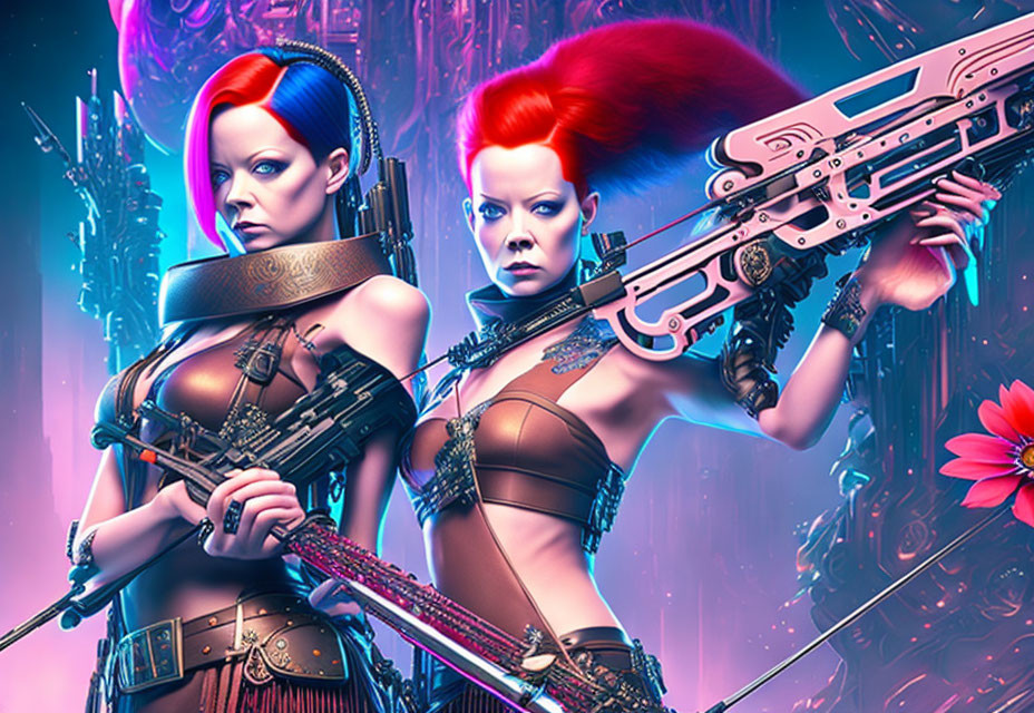 Futuristic women with red mohawks and cybernetic enhancements holding large guns in neon-l