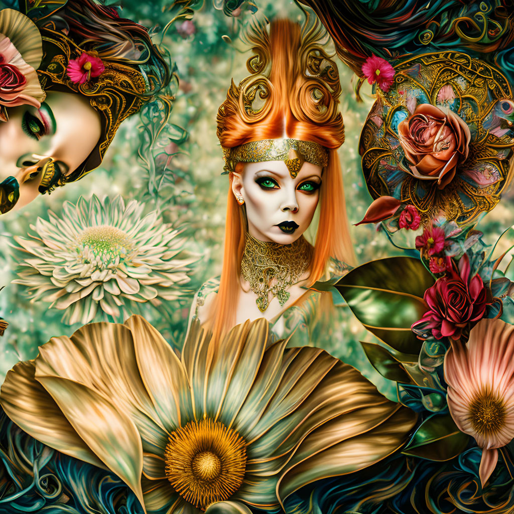 Colorful digital artwork of woman with orange hair and floral patterns