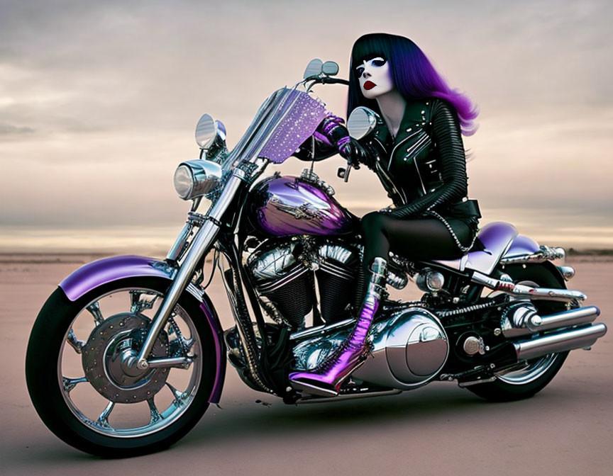 Purple-haired person in sunglasses on motorcycle at sandy beach