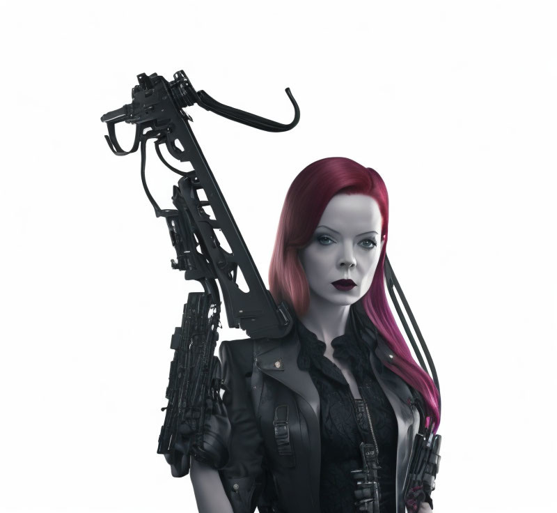 Red-haired woman with cybernetic arm made of black rifles on white background