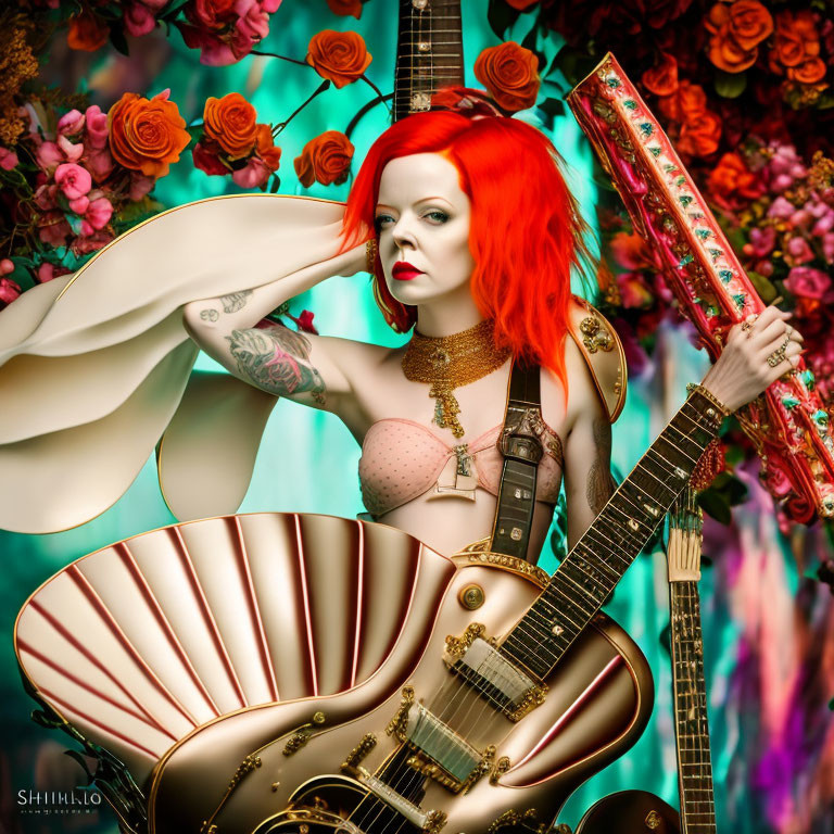 Vibrant image of woman with red hair, tattoos, holding guitar, surrounded by flowers and orn