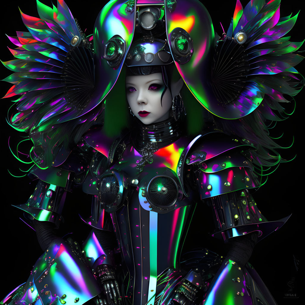 Futuristic female figure in iridescent armor and wings with adorned helmet on dark background