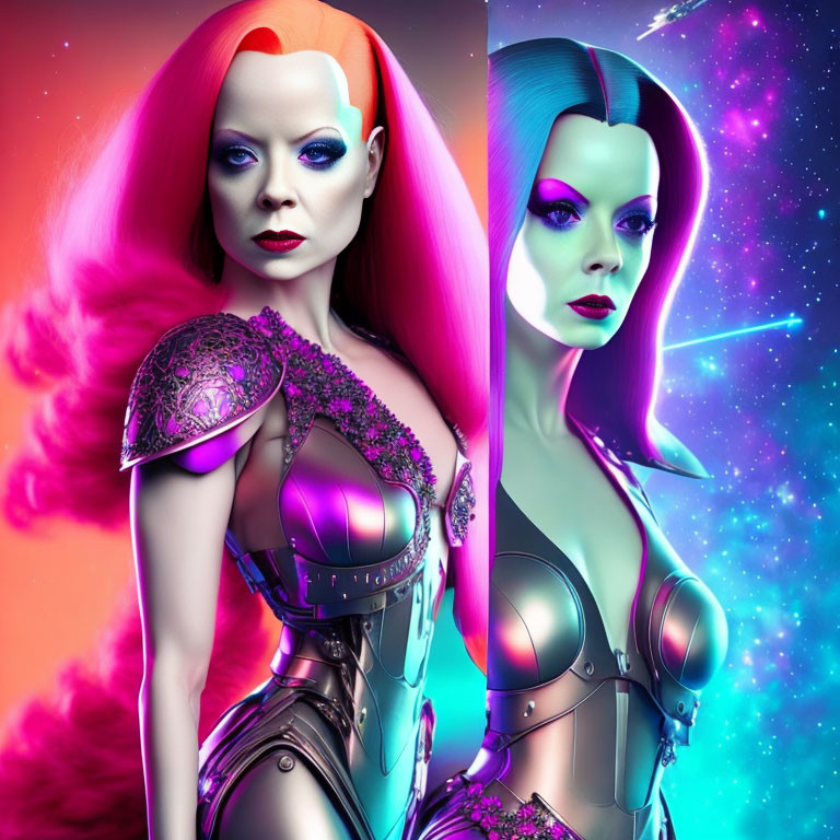 Futuristic women with vibrant hair in cybernetic bodysuits against neon-lit space.