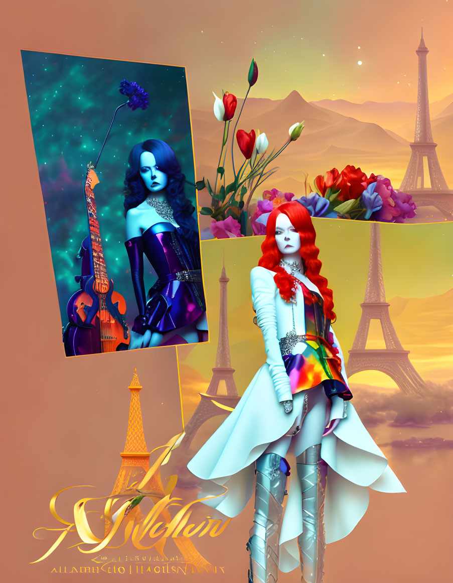 Colorful digital artwork: Two female figures in intricate outfits against surreal Eiffel Tower backdrop