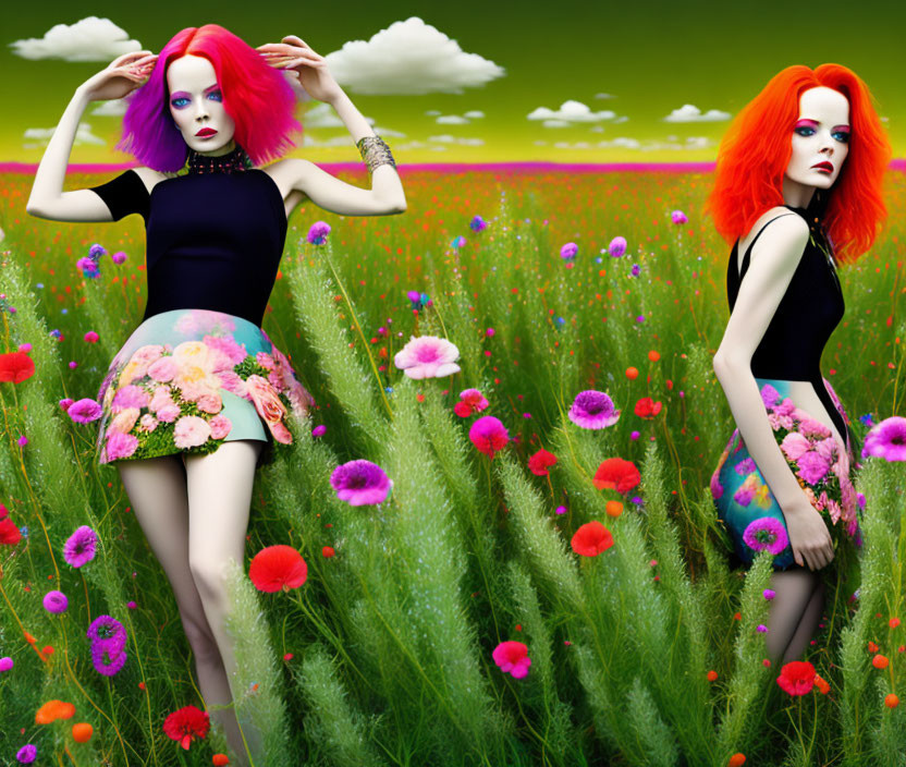 Vibrant purple and red-haired women in floral dresses in wildflower meadow