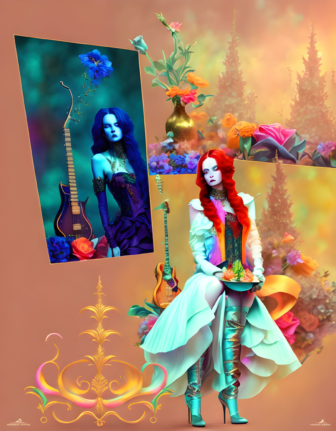 Colorful surreal artwork: Two stylized women, flowers, instruments, ornate details, warm backdrop