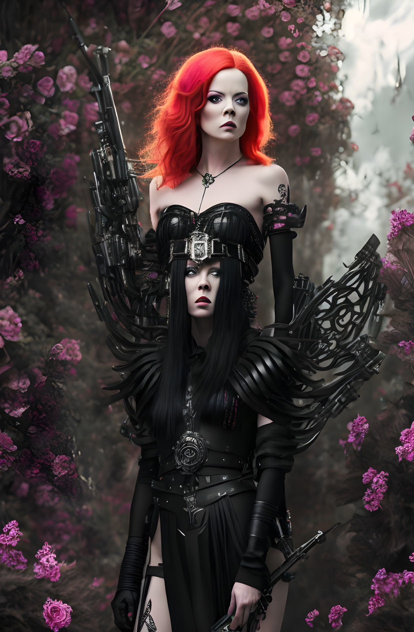Two Women in Elaborate Gothic Fantasy Costumes Against Misty Floral Backdrop