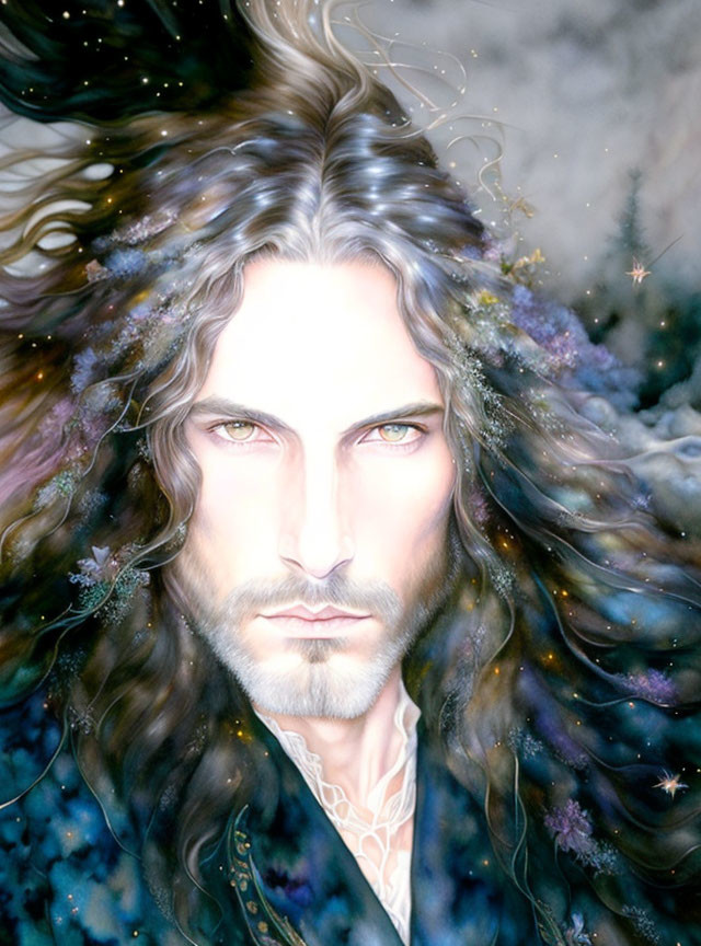 Mystical male figure with flowing hair and cosmic background