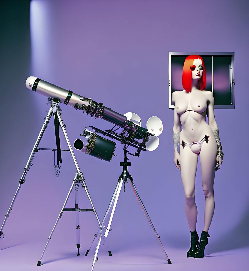 Surreal image featuring telescope and red-haired mannequin-like figure