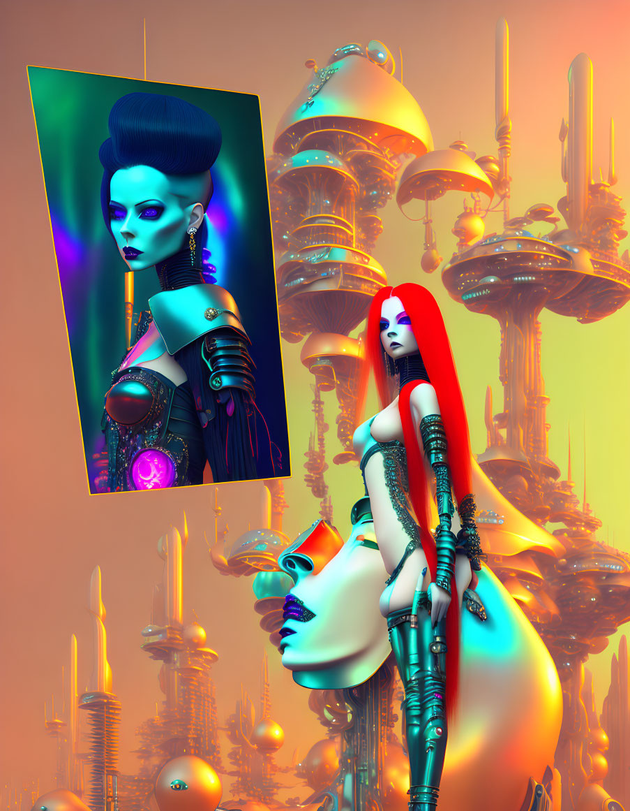 Futuristic artwork: Two stylized female figures with cybernetic enhancements in a sci-fi setting