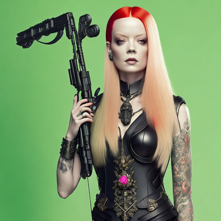 Vibrant red and blonde hair woman with cyberpunk attire and futuristic firearm on green background