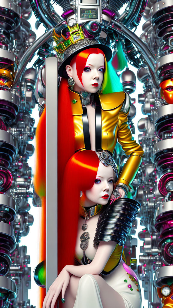 Vibrant hair futuristic women in elaborate outfits against mechanical backdrop