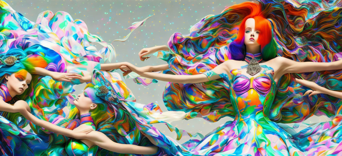 Colorful Fantasy Artwork: Three Figures in Flowing Garments