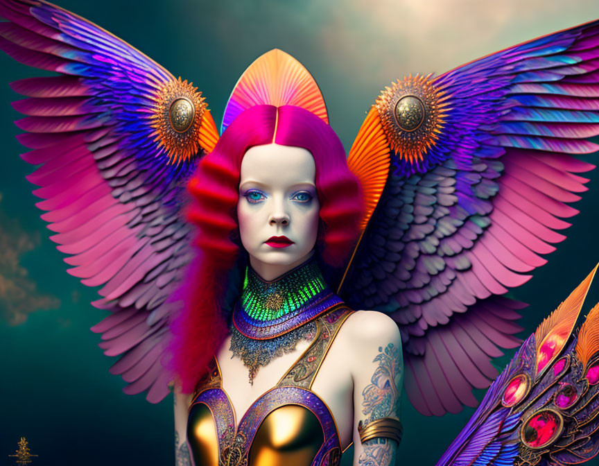 Colorful digital artwork of a woman with wings and tattoos on green background