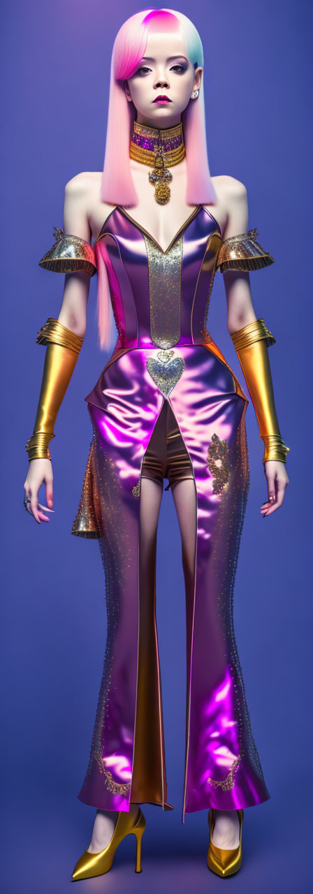 Futuristic 3D rendering of female figure with pink hair in purple and gold outfit