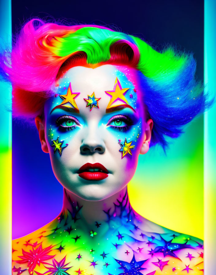 Colorful Portrait with Rainbow Hair and Star Makeup on Neon Background