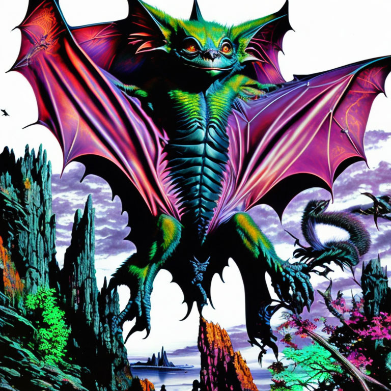 Colorful Dragon Soars over Vibrant Fantasy Landscape
