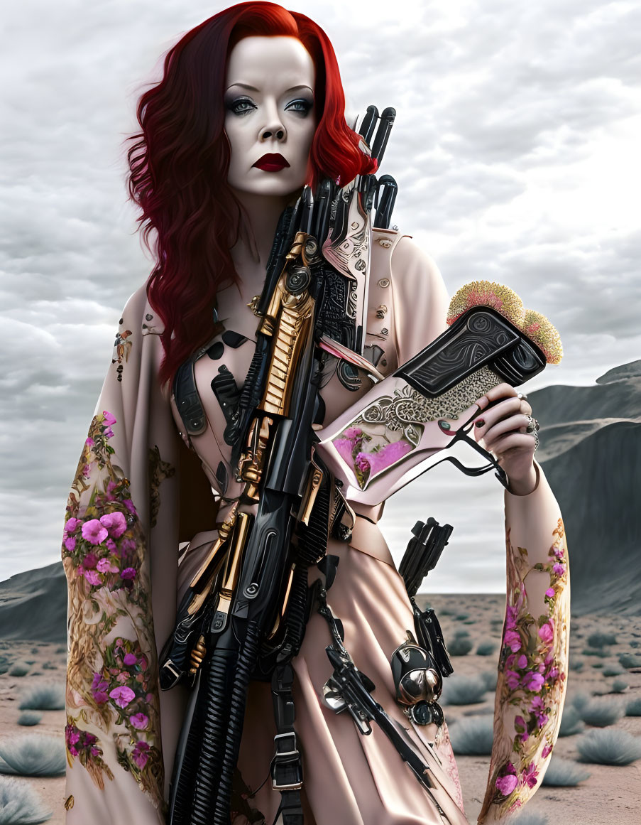 Red-haired woman in floral kimono with ornate weapons in barren landscape